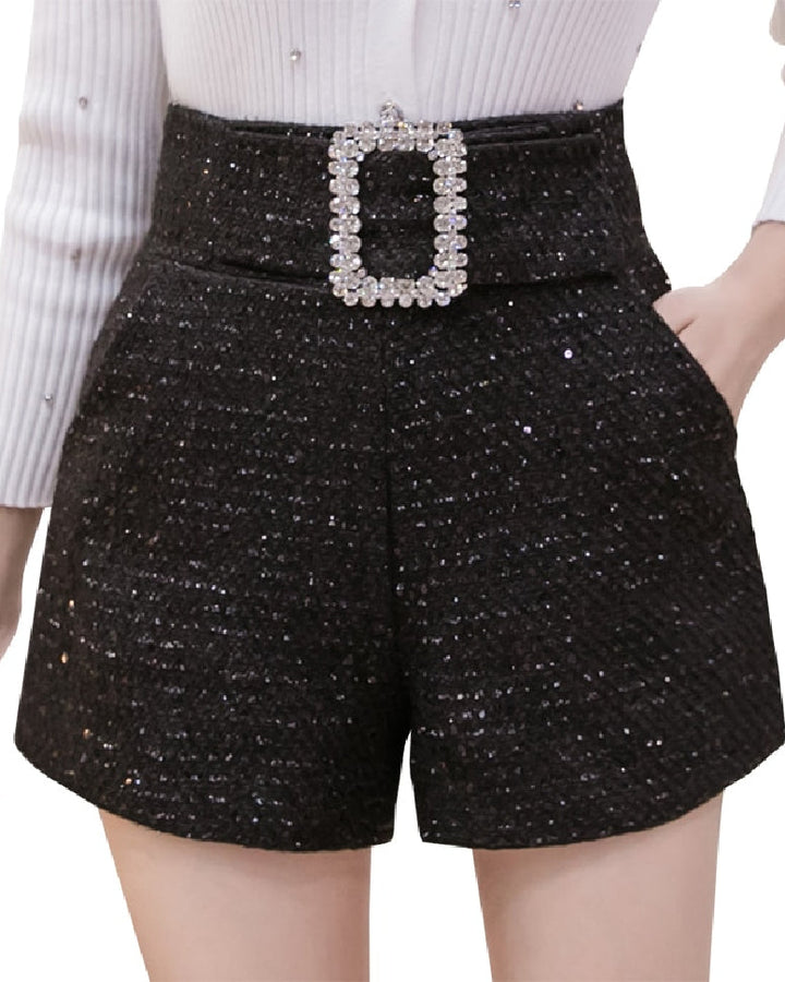 Black Tweed High Waisted Shorts With Crystal Belt