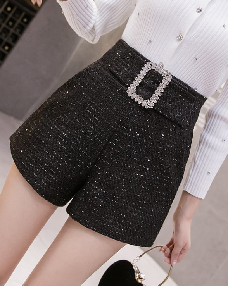 Black Tweed High Waisted Shorts With Crystal Belt