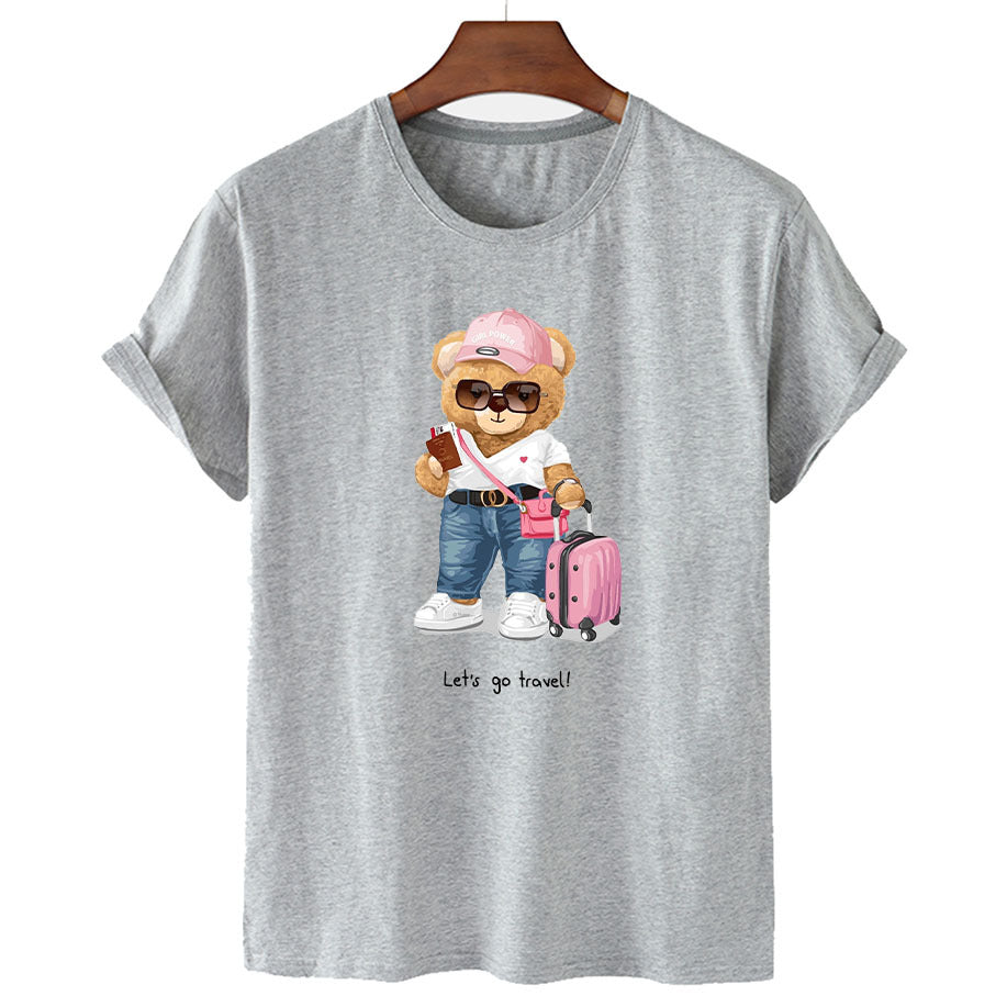 „Lets Go Travel“ Stylisches Bärchen Kurzarm-Grafik-T-Shirt