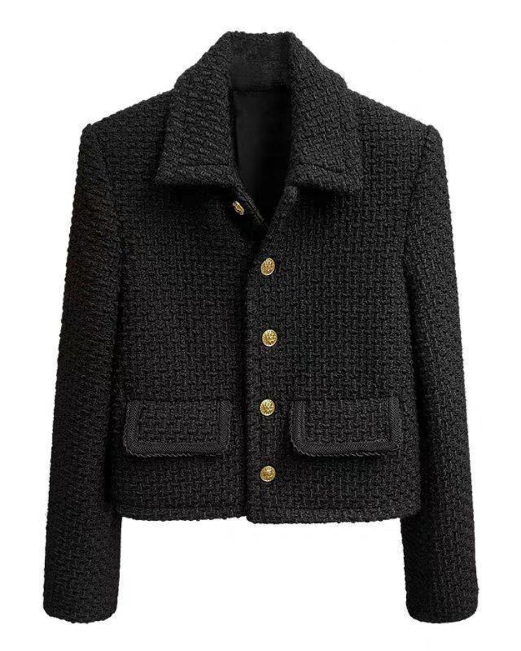 Schwarze Vintage Tweed Jacke mit goldenen Knöpfen