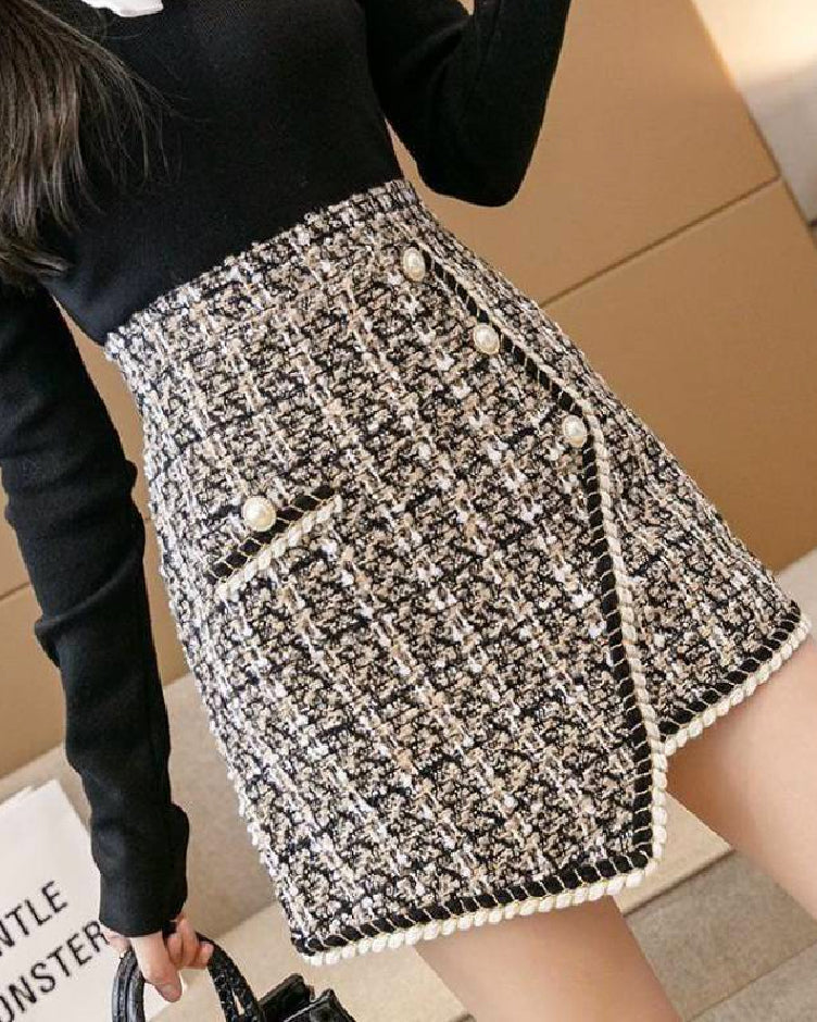 Tweed High Waisted Pearl Button Skirt