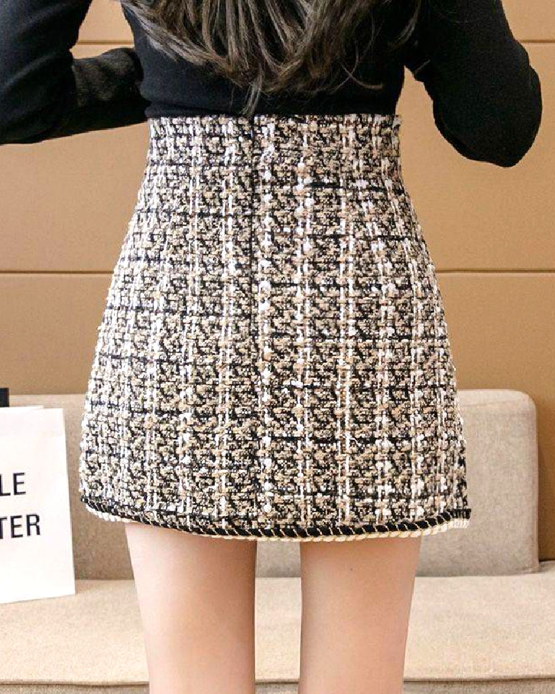 Tweed High Waisted Pearl Button Skirt