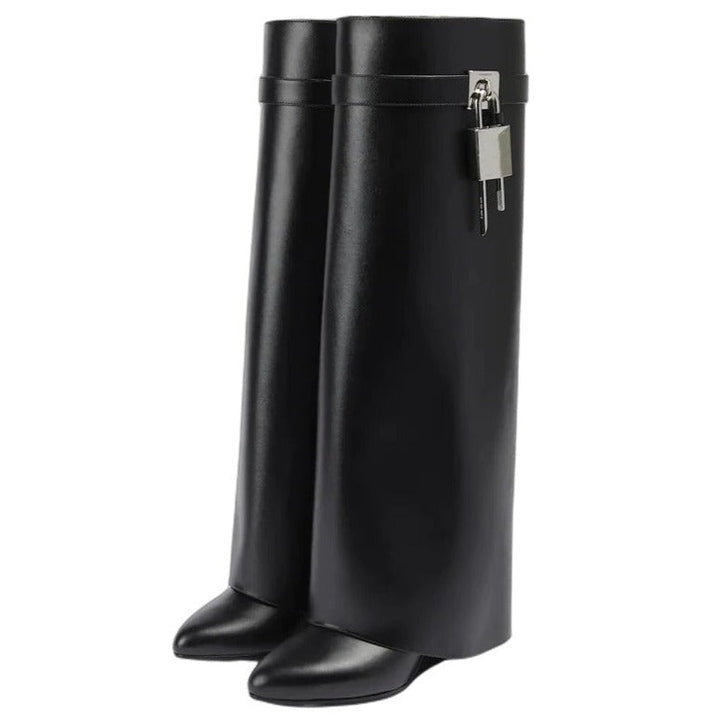 Schwarze Leder Shark Lock Stiefel